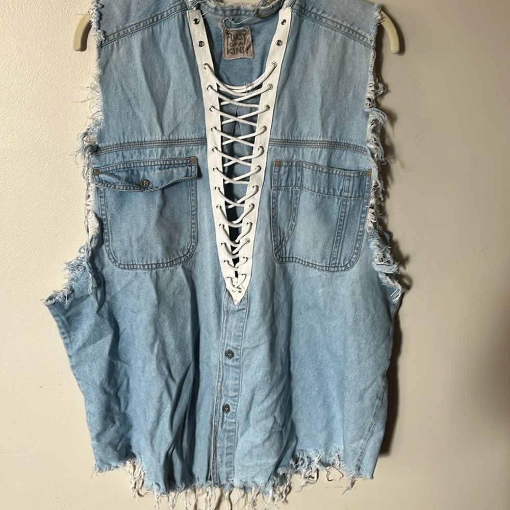 Furst Of A Kind Lace Up Front Sleeveless Denim Distressed Tunic Top
